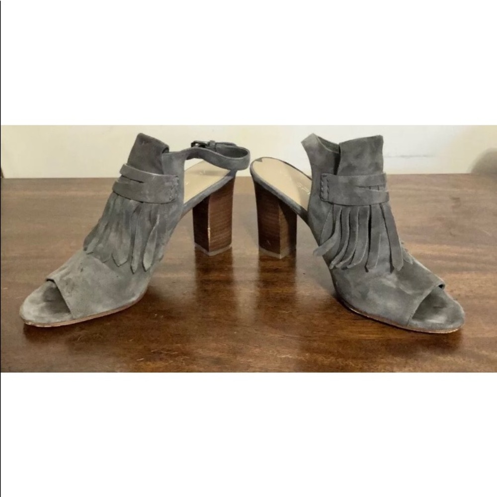 Gray, Via Spiga, suede, open toe heels